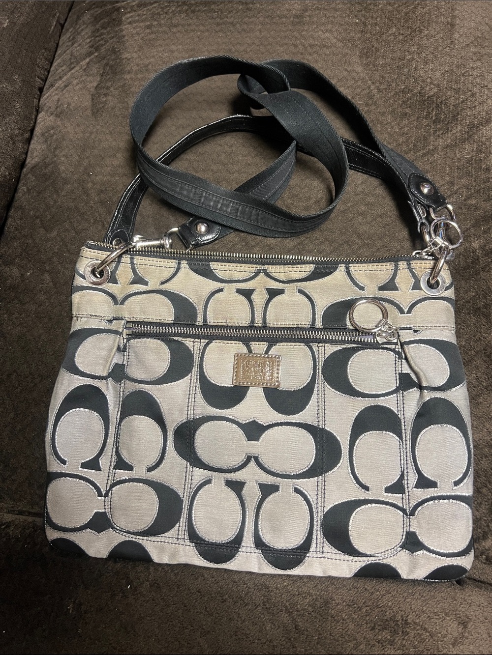 Coach Canvas Signature-Print Crossbody Bag in Black and Silver